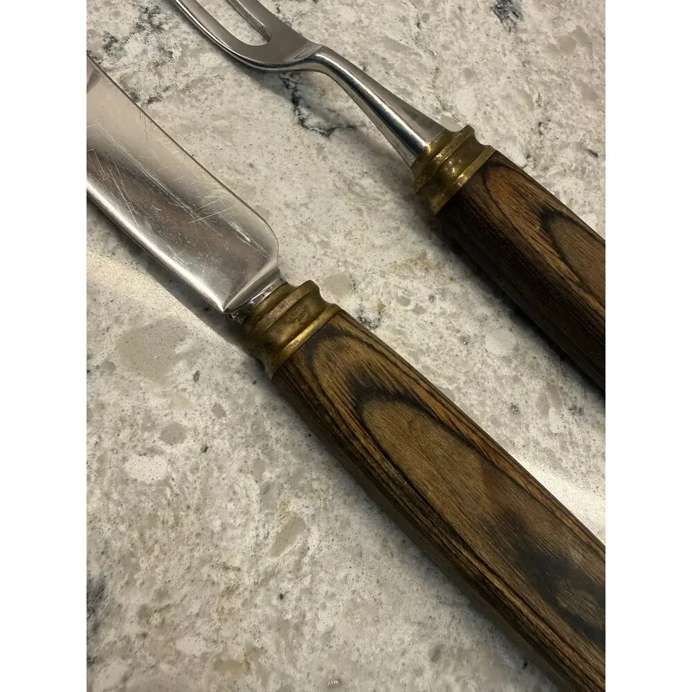 Vintage Carver Set Dark Wood Handles and Brass Bolster Initials 